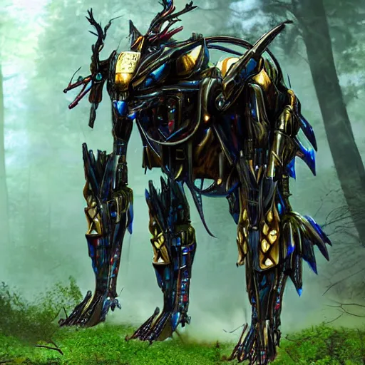 Image similar to realistic mech beast cyber fantasy magitech creature out in the woods