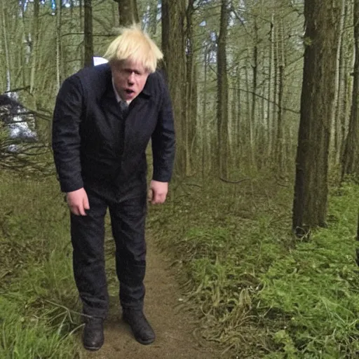 Prompt: boris johnson monster trail cam footage, eerie, tall, boris johnson's, monster standing in the middle of the frame, full body, nighttime, eerie, scary, boris johnson