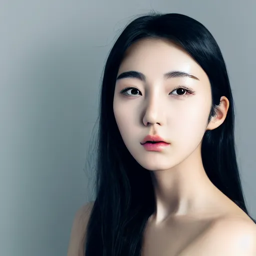 Prompt: Beautiful young korean woman with deep brown eyes and black hair posing, portrait mode photo, popular korean makeup, straight nose, smaller rounded chin, light background, photo realism, 4k detail