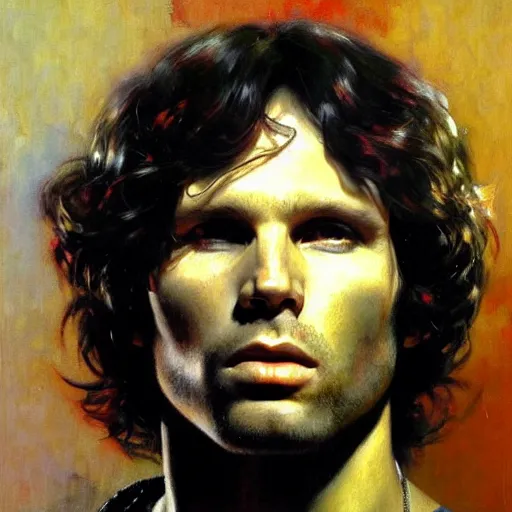 Image similar to portrait of jim morrison, detailed face, detailed painting, epic lighting, by ilya repin, phil hale and kent williams