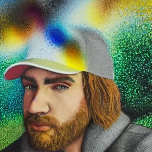 Prompt: colorful portrait of a white man with a black baseball cap, brown beard, and grey shirt on the summit of a forested mountain in the style of pointillism, abstract art, psychedelic, selfie