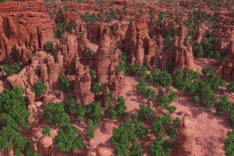 Image similar to aerial view, beautiful temple complex of sandstone and jade, built in red rock canyon, a fusion of star wars and gothic revival architecture, natural volumetric lighting, realistic high detail 4k render