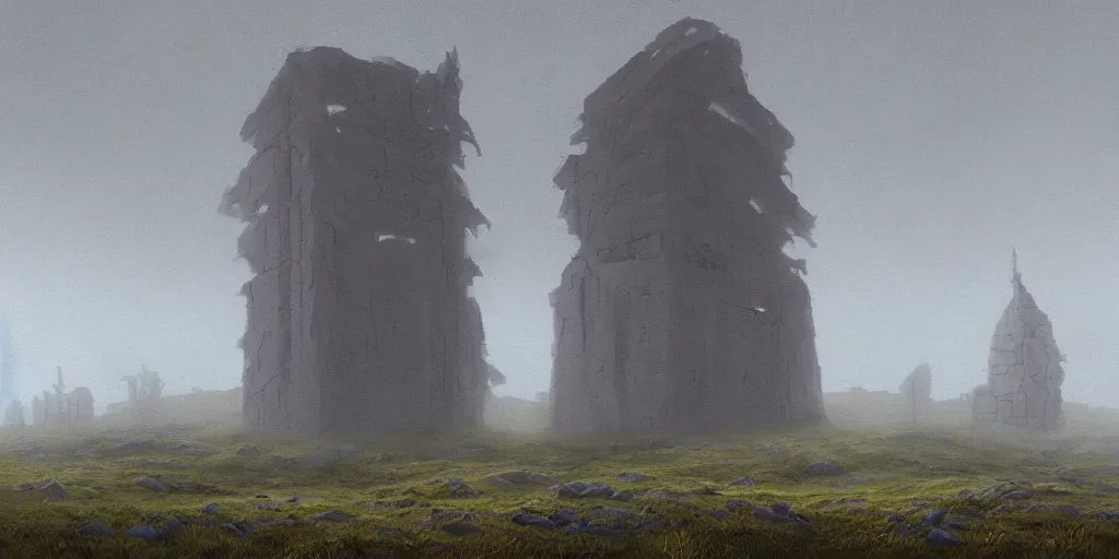 Prompt: A digital painting by Simon Stålenhag of Iceland´s gravel road monumental old ruins tower of a dark misty forest,overcast, sci-fi of Iceland landscape.