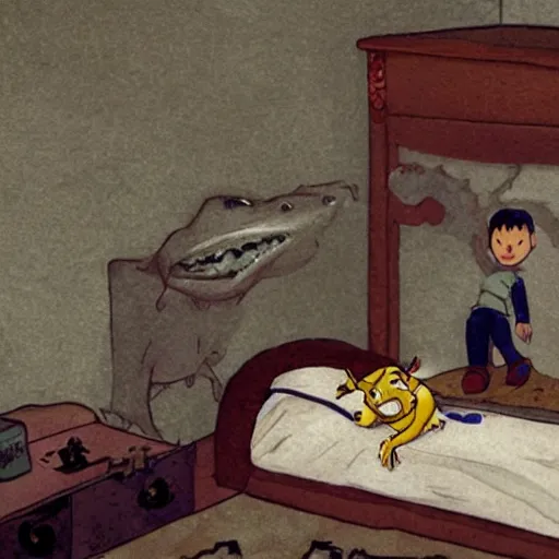 Image similar to a boy finds a small monster under his bed in the style of leo lionni