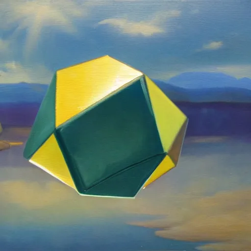 Image similar to an oil painting of an icosahedron floating above a lake