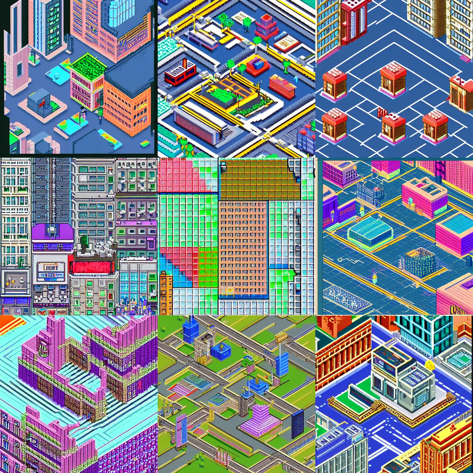 Prompt: isometric pixel art cyberpunk city, commodore 1084 palette