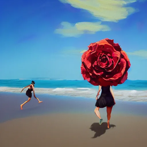 Image similar to portrait, giant rose flower head, woman running at the beach, surreal photography, sunrise, blue sky, dramatic light, impressionist painting, digital painting, artstation, simon stalenhag