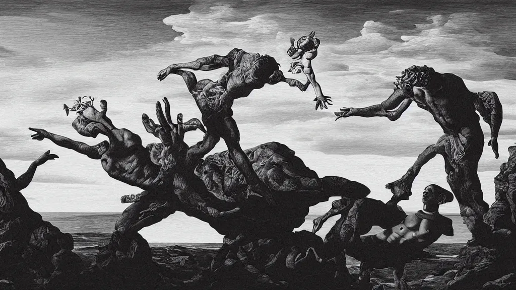 Image similar to the newest masterpiece of salvador dali inspired by dan hillier, it is called ; the creation of adam