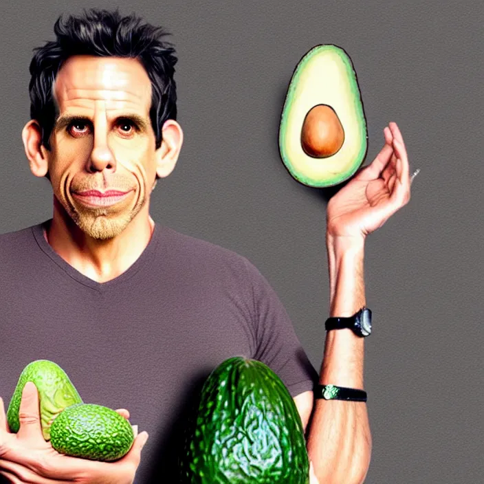 Image similar to ultra realistic illustration of ben stiller in the lotus position meditating with closed eyes, balancing stack of avocado on his head