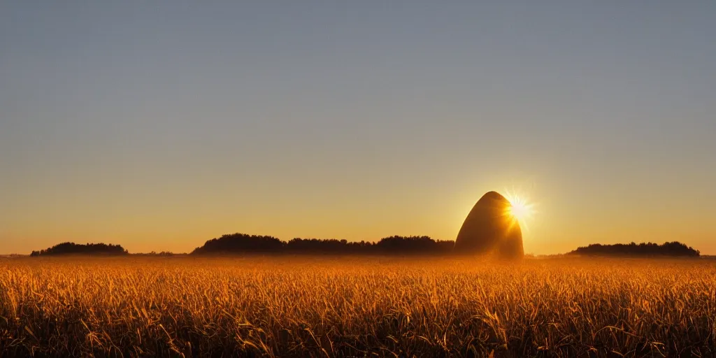 Image similar to a giant floating human ear above a field at dawn