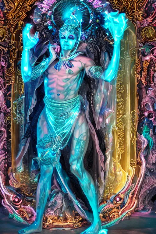 Prompt: photo of full-body rococo and cyberpunk delicate neon crystalline sculpture of ((handsome muscular onyx Aztec prince)) as an iridescent humanoid deity wearing ((peach plastic hooded cloak)) (holding an onyx skull) in a onyx aztec temple, reclining, glowing blue face, crown of (pink lasers), large blue diamonds, swirling black silk fabric. futuristic elements. oozing glowing liquid, full-length view. space robots. intricate artwork by caravaggio. Trending on artstation, octane render, cinematic lighting from the right, hyper realism, photorealistic, octane render, 8k, depth of field, 3D