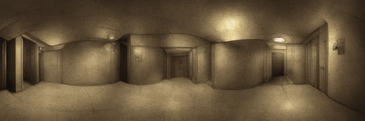 Image similar to dimly lit, theatre access corridor background, 3 doors, fish eye, video game art