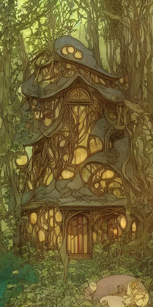 Image similar to an elvish house in the Woods, fantasy, art nouveau, architecture, fungi, daylight, warm light, spring, studio ghibli, Moebius, alphonse mucha, siya oum, ultra detailed, High definition, Sharp