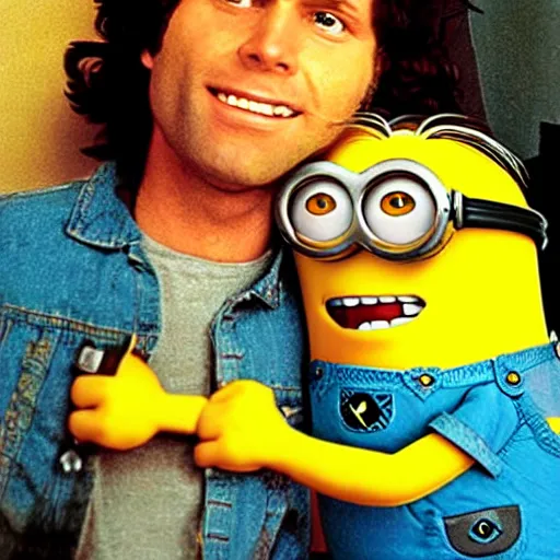 Prompt: jim morrison cuddling a minion in bed, heartwarming photograph