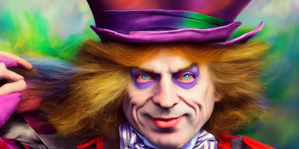 Image similar to The Mad Hatter landscape portrait, Alice in wonderland, colorful, wide angle, super highly detailed, professional digital painting, artstation, concept art, smooth, sharp focus, no blur, no dof, extreme illustration, Unreal Engine 5, Photorealism, HD quality, 8k resolution, cinema 4d, 3D, beautiful, cinematic, art by artgerm and greg rutkowski and alphonse mucha and loish and WLOP