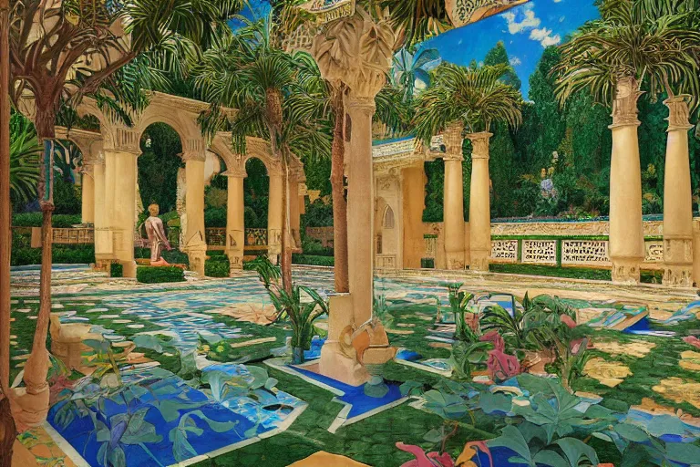 Prompt: painting of a beautiful moorish palace courtyard garden, by jan schmuckal and maxfield parrish and evelyn de morgan and waterhouse and dante rossetti, patterned tilework, palm trees, tiled fountains, sun and shade, extremely detailed, dramatic cinematic lighting, smooth sharp focus, featured on artstation