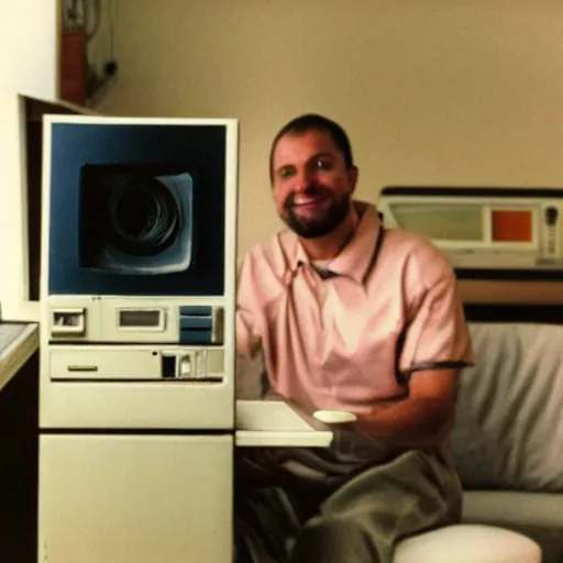 Image similar to a photo of a man sitting infront of a 1 9 9 0 s computer, he is smilling at the camera, he is a 3 meters away from the camera, light coming from the camera, taken on a 1 9 9 0 s camera.