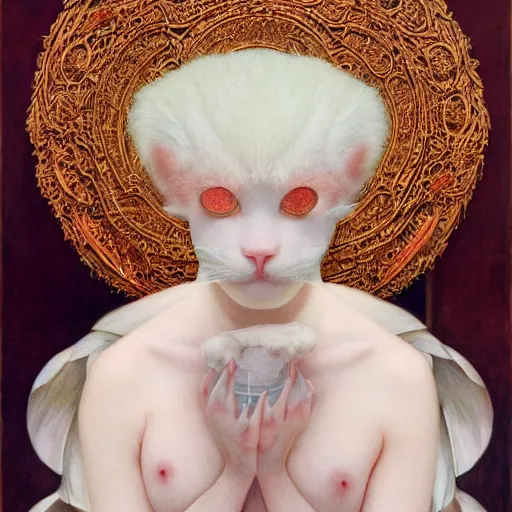 Image similar to white cat, botanical, portrait face, colorful, frantisek kupka, intricate, miles johnston, kuroda seiki, cynical realism, ozabu, john william godward, painterly, yoshitaka amano, moebius, miles johnston, louise zhang, james jean, mark ryden lowbrow pop surrealism art style