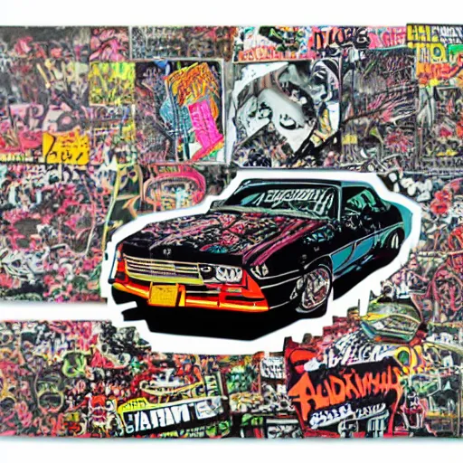 Image similar to sportscar made out of punk album art sleeves, 3 5 mm film