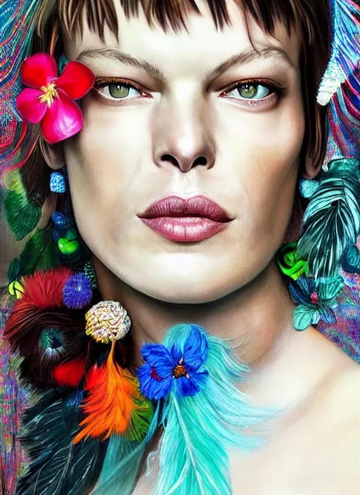 Image similar to beautiful portrait of Milla Jovovich wearing fantastic Hand-dyed cotton dress,embellished beaded feather decorative fringe knots ,colorful pigtail,subtropical flowers and plants,dramatic,symmetrical face,intricate,elegant,highly detailed,8k,post-processing,digital painting,trending on pinterest, GUCCI,PRADA,concept art, sharp focus, illustration, by artgerm,Tom Bagshaw,Lawrence Alma-Tadema,greg rutkowski,alphonse Mucha