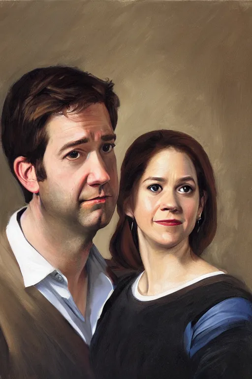 Image similar to portrait painting of jim halpert and pam beesly, in the style of caravaggio