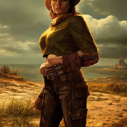 Image similar to fallout 5, charismatic beautiful, rugged, brunette female protagonist wearing a cowboy - hat, portrait, outdoors ruined coastal area, atmospheric lighting, painted, intricate, volumetric lighting, beautiful, spring, sharp focus, warm deep colours, ultra detailed, by leesha hannigan, ross tran, thierry doizon, kai carpenter, ignacio fernandez rios