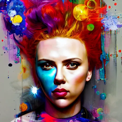 Image similar to scarlett johansson as delirium from sandman, ( hallucinating colorful soap bubbles ), by jeremy mann, by sandra chevrier, by jean giraud and maciej kuciara, punk rock, tank girl, high detailed, 8 k