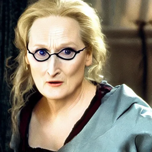 Prompt: meryl streep as voldemort in the harry potter movie