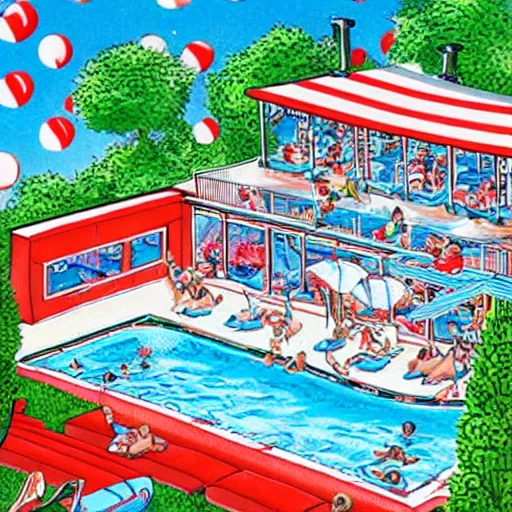 Image similar to where's wally book page highly detailed, swimming pool setting