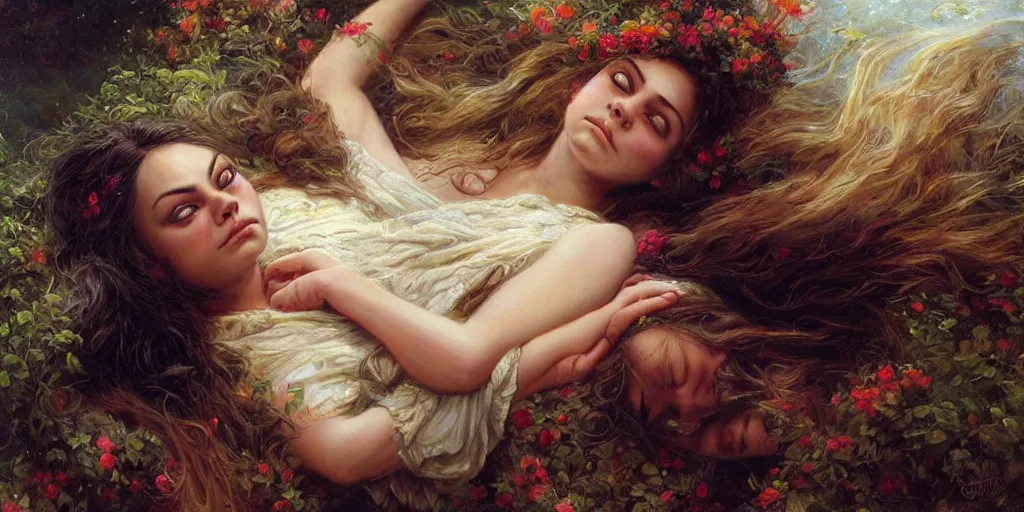 Image similar to Mila Kunis falling asleep, Lilia Alvarado, Sophie Anderson, Mark Arian, Bob Byerley, Charlie Bowater, Mark Brooks, Steve Henderson, Justin Gerard, Arthur Hughes, Edward Robert Hughes, Mark Keathley, Victor Nizovtsev, Carlos Shwabe, Ross Tran, WLOP