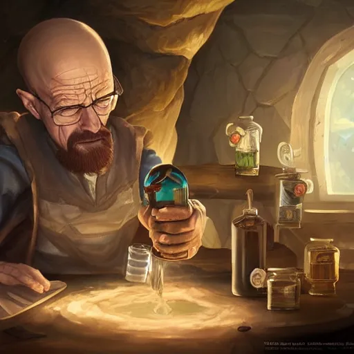 Image similar to Walter White as an Alchemist mixing the Potion of Swift Wind, fantasy illustration by Tony Sart, Trending on artstation