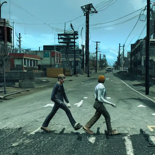 Prompt: Abbey Road post-nuclear war in Fallout 4, in game screenshot