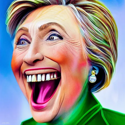 Prompt: president hillary clinton as a smiling laughing bright green lizard person, airbrush painting, hyper detailed, 8 k, photorealism, rule of thirds,.