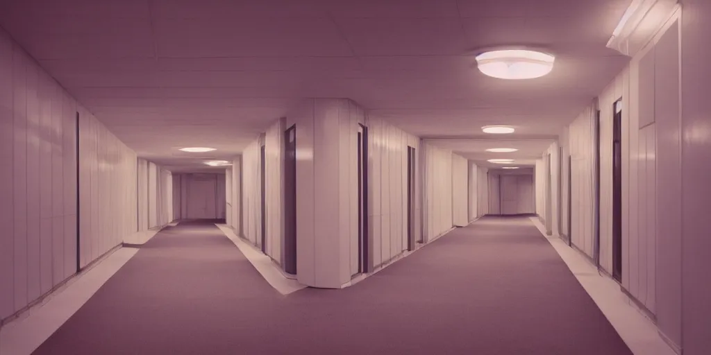 Image similar to noisy color photograph of a retrofuturist liminal space, hallways, minimalist, oddly familiar, cinematic, soft vintage glow