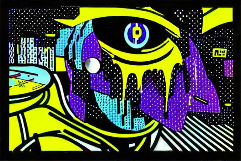 Image similar to ⚠ 👽 💉 ☠ 💢 😱 futuristic japanese cyberpunk by roy lichtenstein, by andy warhol, ben - day dots, pop art, bladerunner, pixiv contest winner, cyberpunk style, cyberpunk color scheme, mechanical, high resolution, hd, intricate detail, fine detail, 8 k