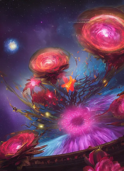 Image similar to An epic fantastic realism comic book style painting of the most beautiful entwined flowers launched across the dark galactic night sky, nebulous bouquets, fisheye lens, unreal 5, DAZ, hyperrealistic, octane render, dynamic lighting