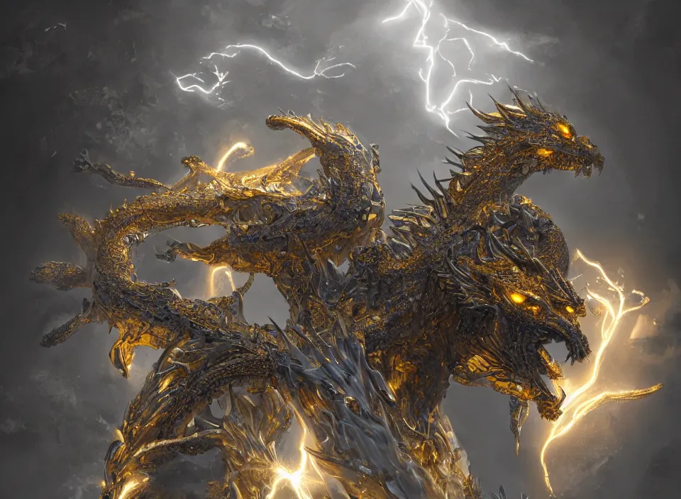 Image similar to a white - gold sacred dragon surrounded by lightning and holy light, aura of light, artificial intelligence, scifi, futuristic, highly detailed, trending on artstation, lee ji - eun, advanced technology, art by vitaly bulgarov and nivanh chanthara and lance wilkinson