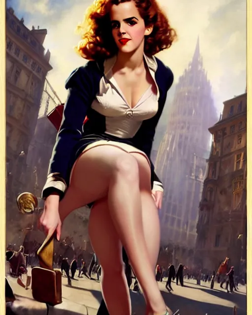 Image similar to pinup photo of hermione granger by emma watson in the crowded square of the city, by greg rutkowski, gil elvgren, enoch bolles, glossy skin, pearlescent, very coherent, flat