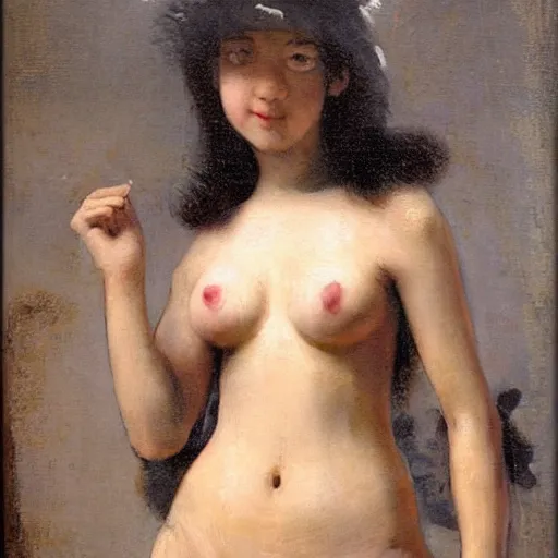 Prompt: a majestic oil painting of anime girl in bikini by Rembrandt, hanging in the louvre, incredible detail