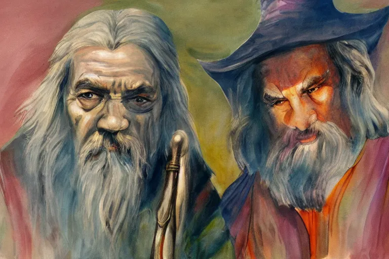 Image similar to gandalf and frodo painted in the style of francis bacon, expressionist, 4 k, realistic