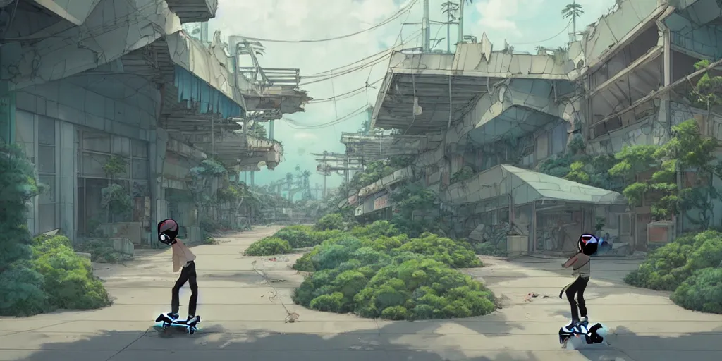 Prompt: a beautiful movie still in the style of Studio Ghibli anime showing a skateboarder skating through a destroyed post-apocalyptic mall in Los Angeles overrun with vegetation. Studio Ghibli, close to ground, trending on artstation, trending on behance