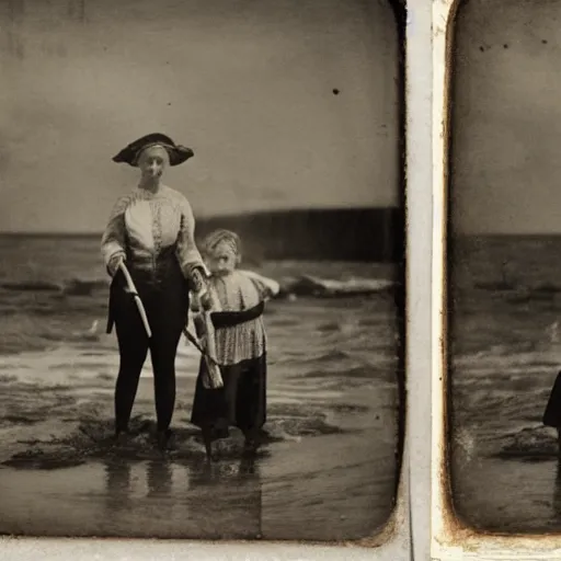 Image similar to a faded and blurred wet plate collodion photo of a Victorian seaside scene, twin girls and an older brother paddle in the lapping waves, watched by their nanny standing on the beach