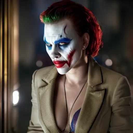 Image similar to stunning awe inspiring scarlett johansen as the joker, movie still 8 k hdr atmospheric lighting