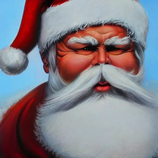 Image similar to an ultra - realistic portrait painting of santa claus in the style of frank frazetta. 4 k. ultra - realistic. highly detailed. dark fantasy. epic lighting.