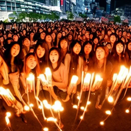 Image similar to 4 k wide angle gigantic army of instagram models surrounding the futuristic chinese tik tok headquarters during a protest with torch lighting at dusk