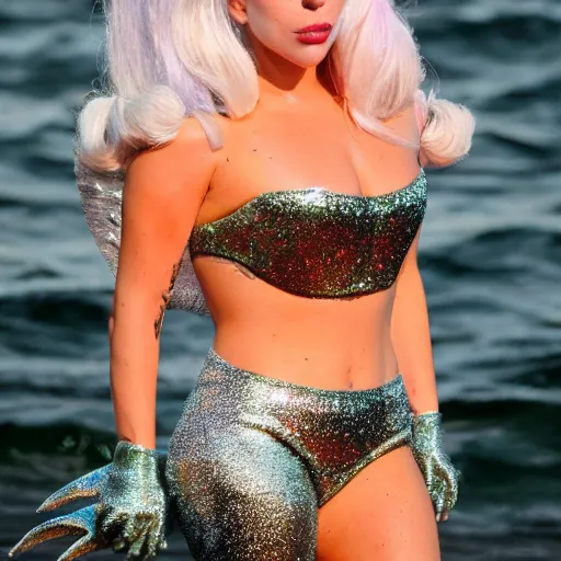 Prompt: photo of lady gaga as a mermaid superstar, very detailed, full body shot, 50mm dslr, f/5.6