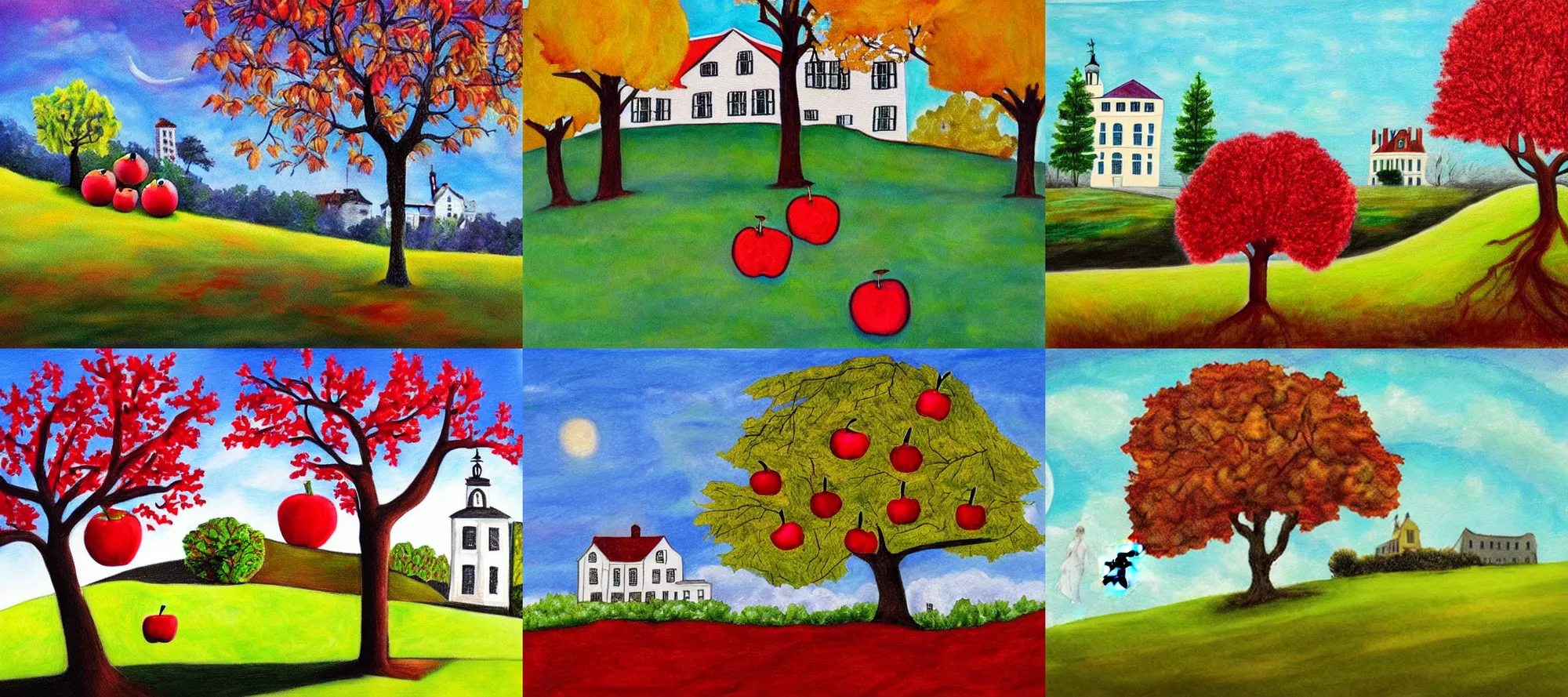 Prompt: dream themed art, tree with apples on hill with colonial house in background