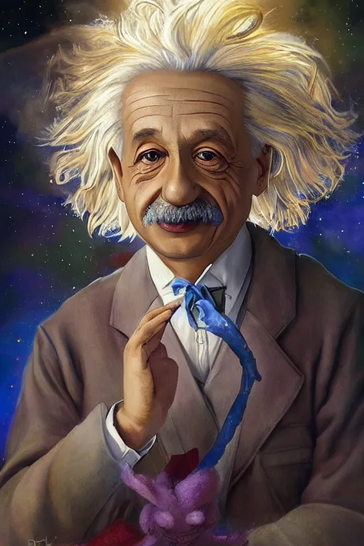 Prompt: breathtakingly beautiful painting of albert einstein dressed as a disney genie, thinking about equations, moonlit sky, matte painting by brian froud, shaun tan, wlo and peter mohrbacher, highly detailed, intricate,, award winning artwork, trending on artstation, high quality printing, fine art