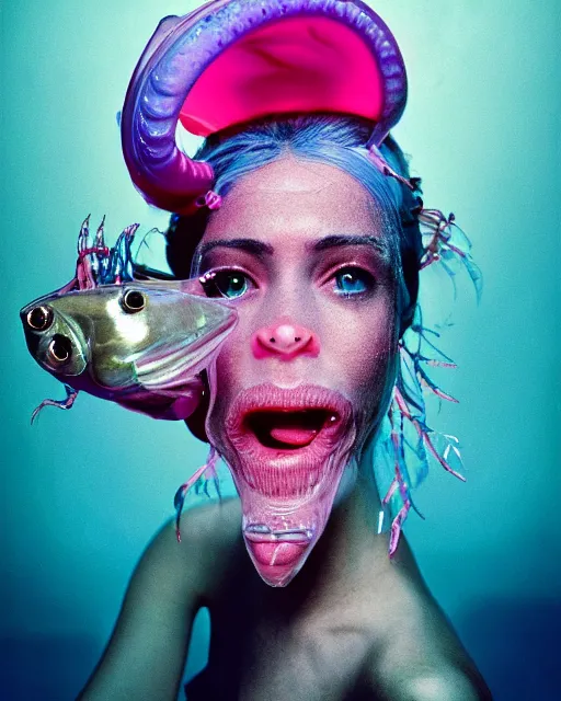 Image similar to natural light, soft focus portrait of a cyberpunk anthropomorphic angler fish with soft synthetic pink skin, blue bioluminescent plastics, smooth shiny metal, elaborate ornate head piece, piercings, skin textures, by annie leibovitz, paul lehr