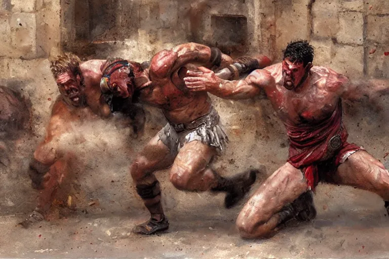 Image similar to a realistic painting of two gladiators fighting each other inside the colosseum, extremely angry facial expressions, hot weather, brutal fight, extreme detail, action pose, Craig Mullins